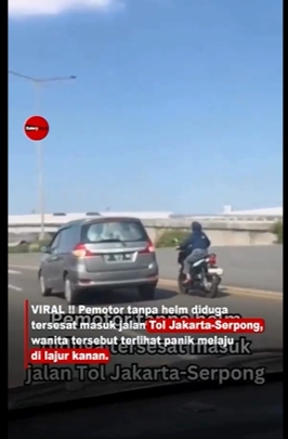 Pemotor Tanpa Helm Diduga Tersesat Masuk Jalan Tol Jakarta-Sepong, Terlihat Panik Melaju di Lajur Kanan