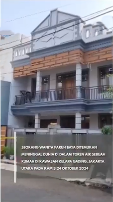 Kejadian tragis terjadi di Perumahan Gading Pendawa, Kelapa Gading, Jakarta Utara, pada Kamis siang, saat seorang wanita berusia paruh baya ditemukan tewas di dalam toren air sebuah rumah.