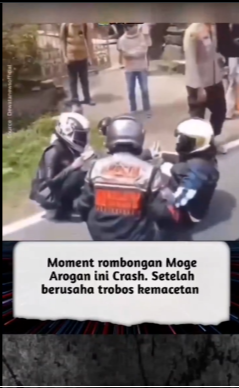 Sebuah insiden melibatkan rombongan motor gede (moge) yang berujung pada kecelakaan terjadi dan menjadi viral di media sosial. Rombongan pengendara moge yang dikenal sering bersikap arogan ini mengalami crash setelah berusaha menerobos kemacetan